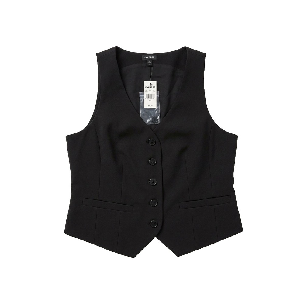 Express Editor Blazer Vest Black Womens Size M Studio Stretch Twill 5-Button NWT